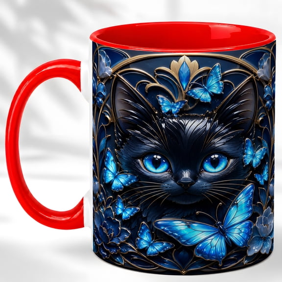 Black Cat Coffee Mug, Blue Butterfly Mug, Ceramic 11 oz