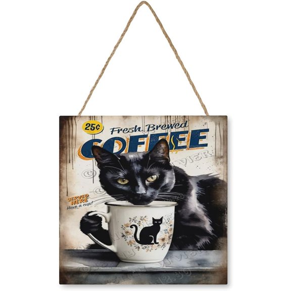 Black Cat & Coffee Wall Art Cat Wooden Sign Cat Decor Cat Gifts Vintage Pictures for Bedroom Bathroom Kitchen Wall Decorations Bar Interior Decor 12"x12" Wooden Hanging Signs