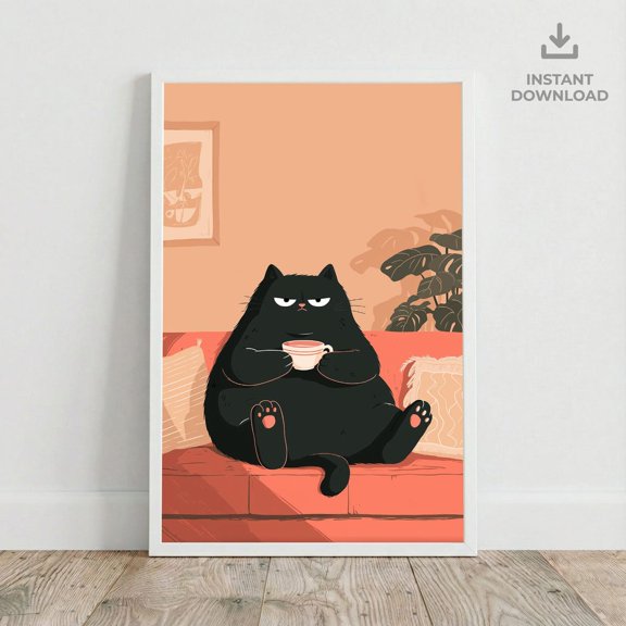 Black Cat Coffee Wall Art Print Cute Grumpy Illustration Living Room Decor, Unframed Paper Poster 8x10in