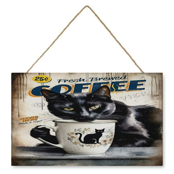 Black Cat & Coffee Wall Art Cat Wooden Sign Cat Decor Cat Gifts Vintage Pictures for Bedroom Bathroom Kitchen Wall Decorations Bar Interior Decor 10"x16" Wooden Hanging Signs