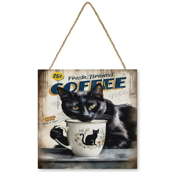Black Cat & Coffee Wall Art Cat Wooden Sign Cat Decor Cat Gifts Vintage Pictures for Bedroom Bathroom Kitchen Wall Decorations Bar Interior Decor 12"x12" Wooden Hanging Signs
