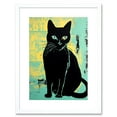 thumbnail image 1 of Black Cat Colour Linocut Teal Blue Yellow Simple Feline Vintage Ad Style Artwork Framed Wall Art Print 9X7 Inch, 1 of 5