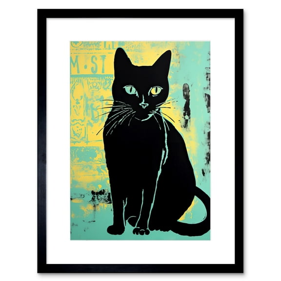 Black Cat Colour Linocut Teal Blue Yellow Simple Feline Vintage Ad Style Artwork Framed Wall Art Print 9X7 Inch