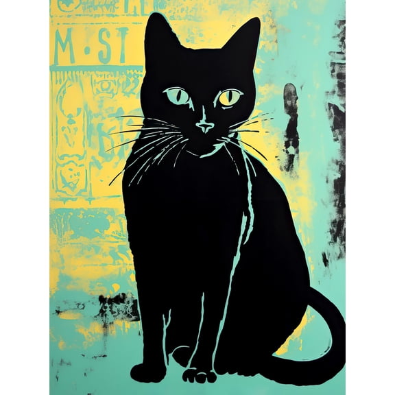 Black Cat Colour Linocut Teal Blue Yellow Simple Feline Vintage Ad Style Extra Large XL Wall Art Poster Print