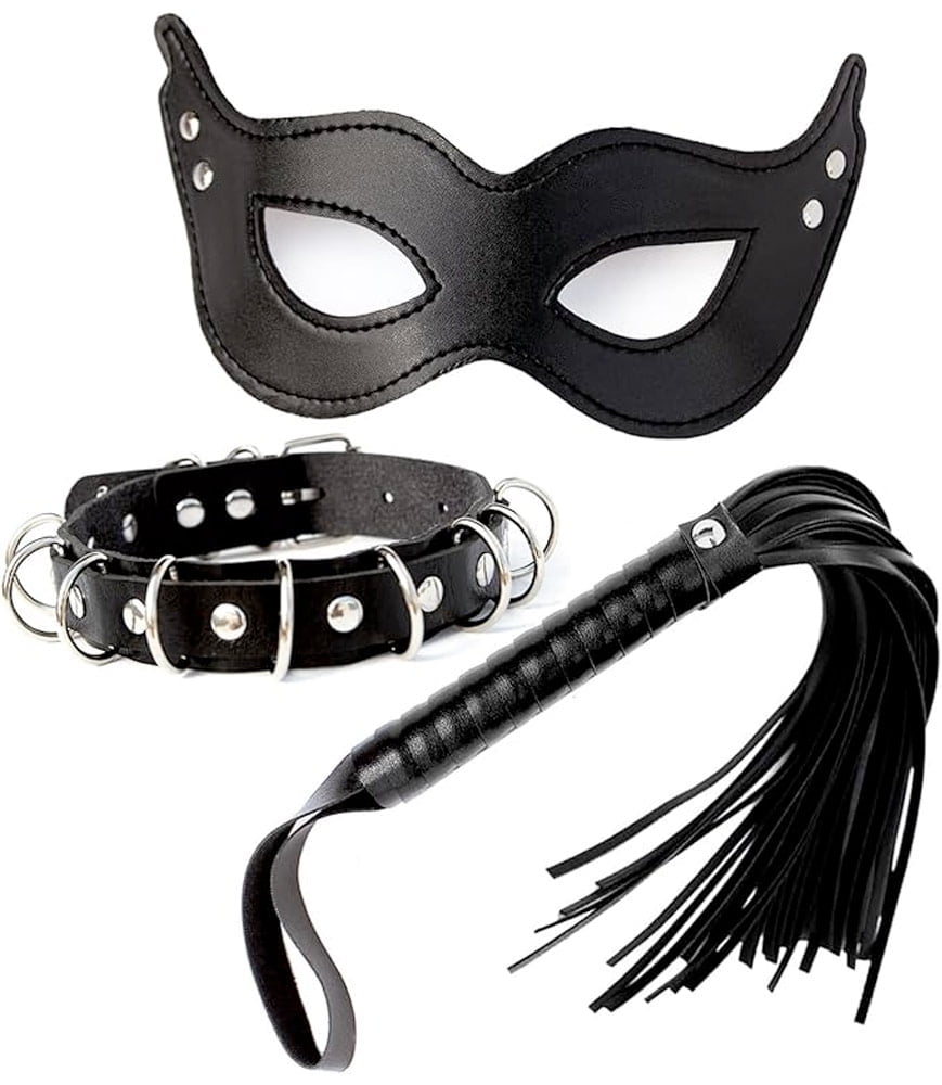 Black Cat Costume Accessories Set with Leather Faux Mask, Leather Choker and Mini Riding Crop