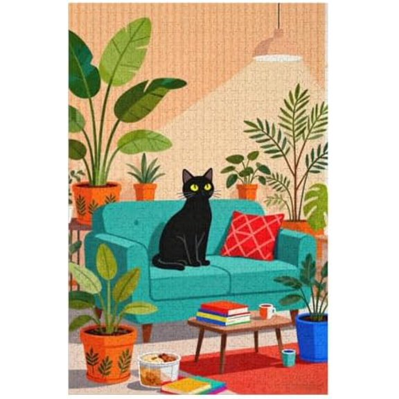 Black Cat on Couch Jigsaw Puzzle 1000 Pieces for Adults, Cozy Indoor Scene with Potted Plants Artwork, Relaxing Illustration, Cat Lover Wall Art Decor