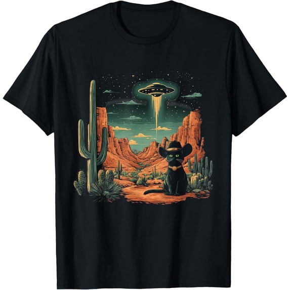 Black Cat Cowboy Hat Western Ufo Alien Funny T-Shirt Unisex S-5XL Hot ...