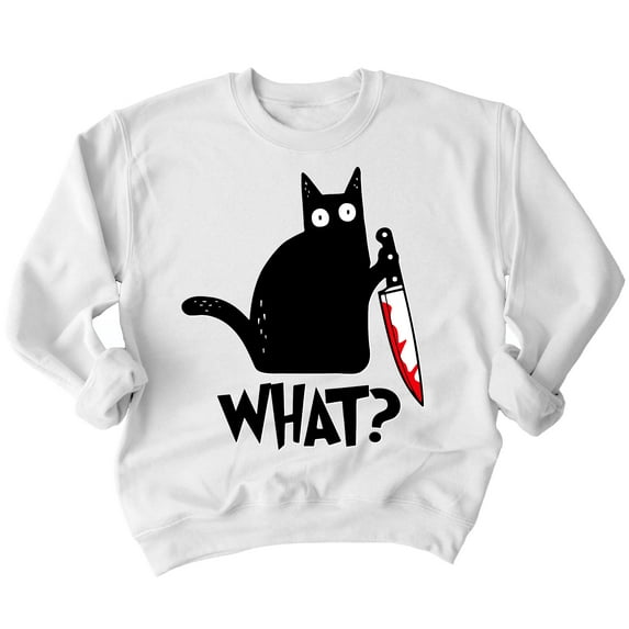Black Cat Creepy Crazy Eyes Halloween Shirt Crewneck Sweatshirt, S, White