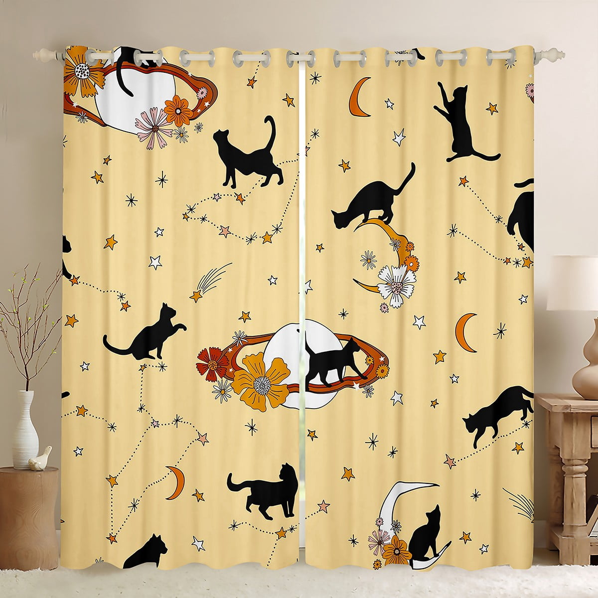 Super Cute Cat Print Blackout Curtains For Kids Room - Kawaii Animal & Polka Dot Design, Blocks Light Perfectly