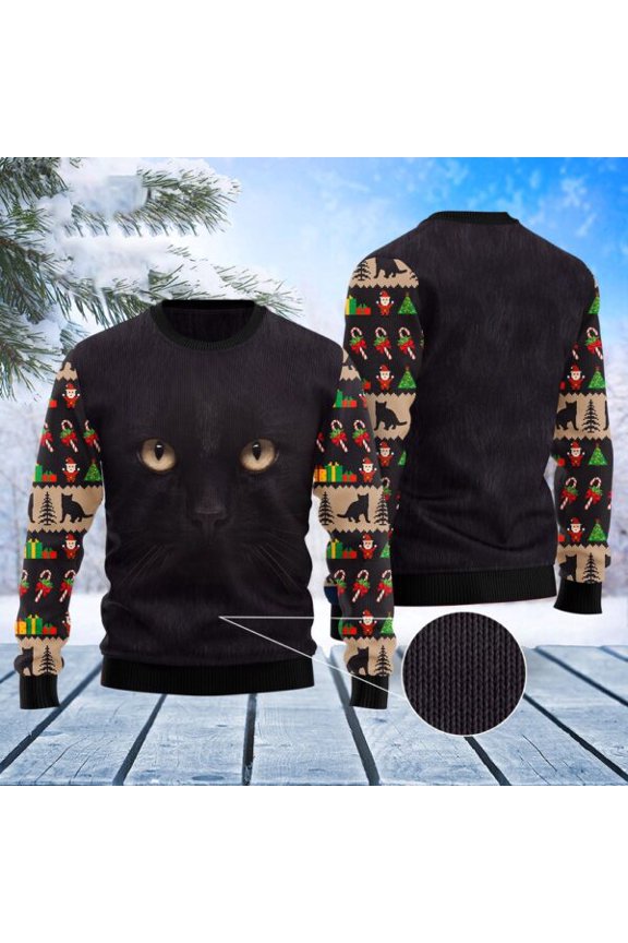 Black Cat Cute Face Christmas Sweater, Christmas Cat Christmas Sweater, Cat Xmas Sweater