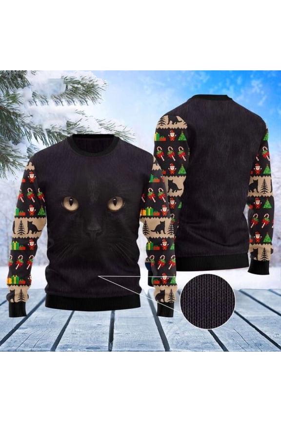 Cat Xmas Sweater, Black Cat Cute Face 3D Christmas Sweater, Sweater Xmas