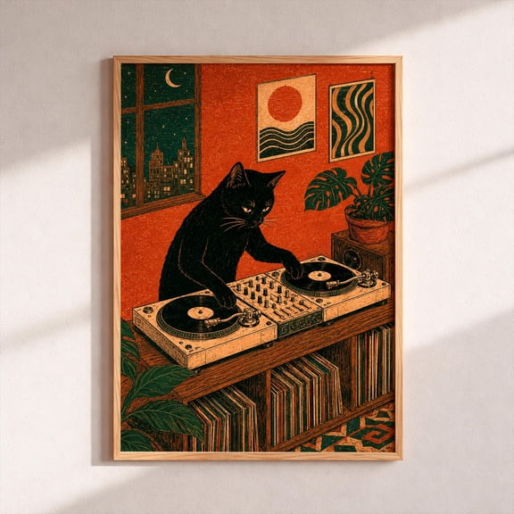 Black Cat DJ Print Vintage Linocut Art Music Room Wall Decor Retro Turntable Poster Terracotta Mid Century Art Music Lover Gift