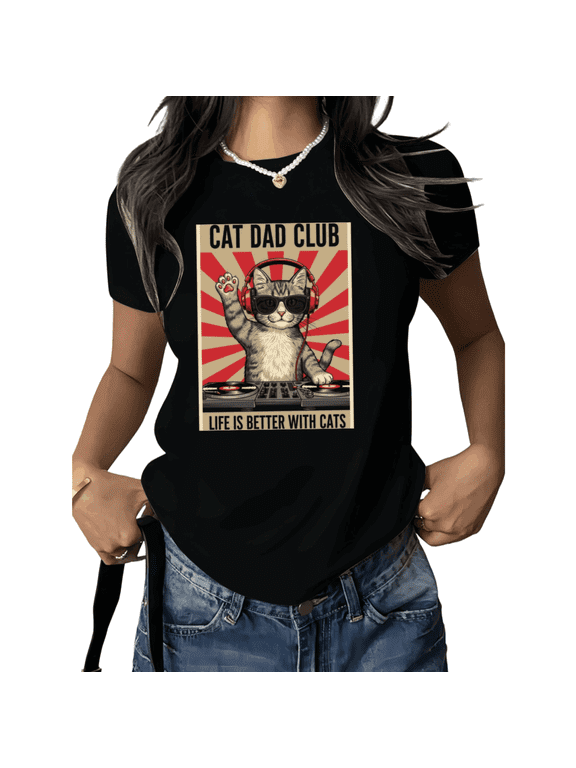 Black Funny DJ Cat Dad Club Trendy Tshirt Printed Tees Shirts Cat Lover Music Lover Gift Vintage Cat Casual S-5XL Tops