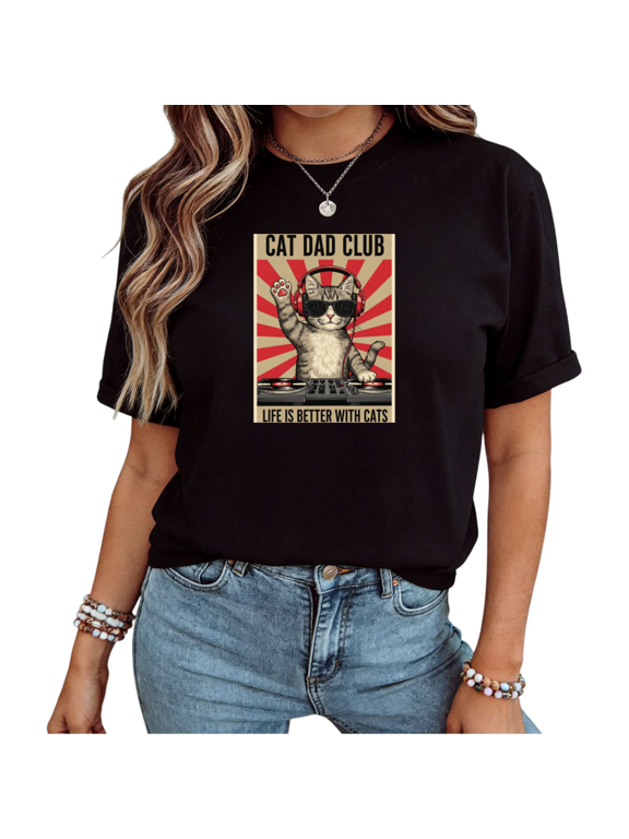 Black Cat Dad Club DJ Cat With Headphones Sunglasses Print Tshirt Graphic Tees Shirts Cat Lover Casual Short Sleeve Tops S-5XL
