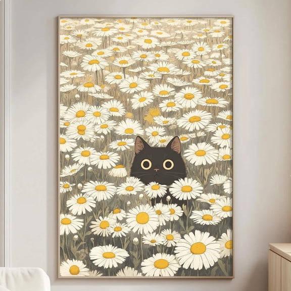 Black Cat Daisy Field Cute Floral Cat Whimsical Animal Cottagecore Nursery Graphic Poster Unframed Paper Print