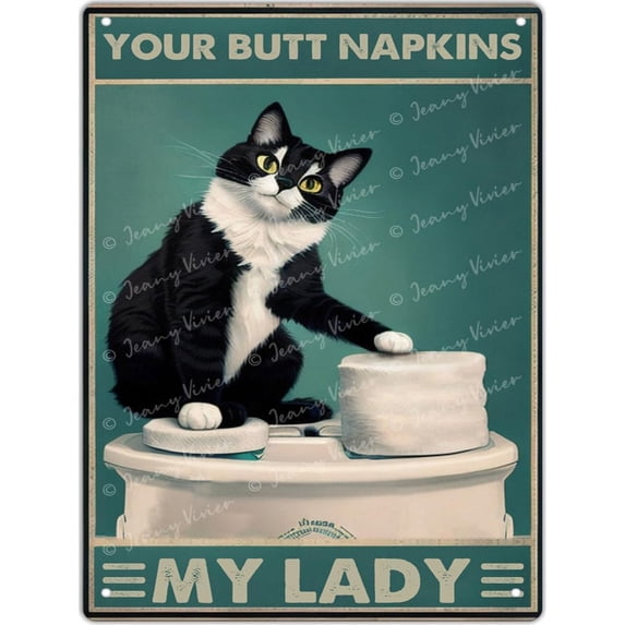 Black Cat Decor Funny Bathroom Sign Gothic Decor Medieval Tuxedo Cat Wall Art Your Butt Napkins My Lady Poster for Coffee Bar Club Bathroom Home Wall Decoration Sign 12x16 Inch