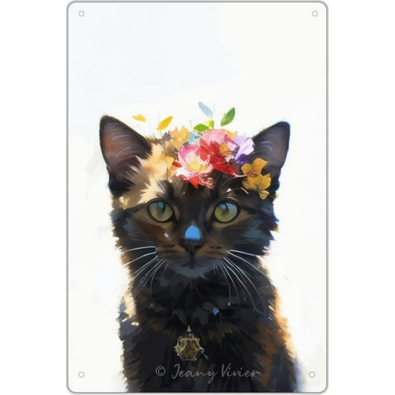 Black Cat Decor, Funny Cat Bathroom Signs, Floral Cat Poster for Girl Bedroom Kitchen Porch Decor, Cat Gifts for Cat Lovers, Black Cat with Floral Crown Painting Metal Sign 12x8 Inches