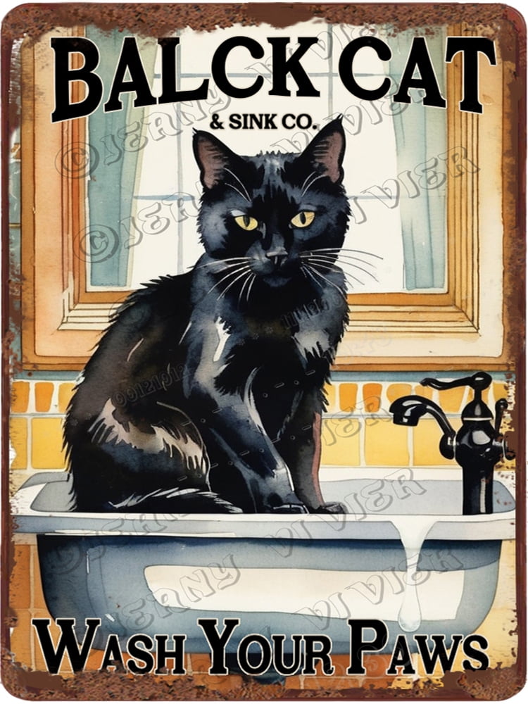 Black Cat Decor Metal Decorative Signage,Black Cat in Sink Gothic