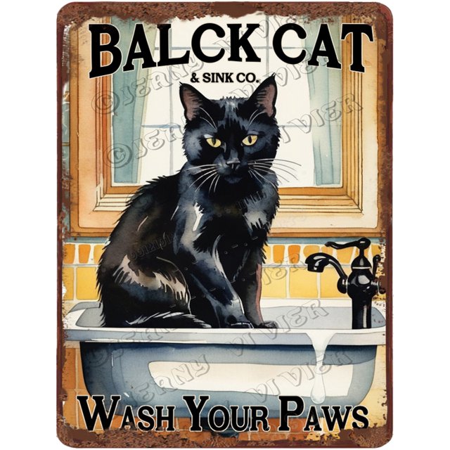 Black Cat Decor Metal Decorative Signage,Black Cat in Sink Gothic