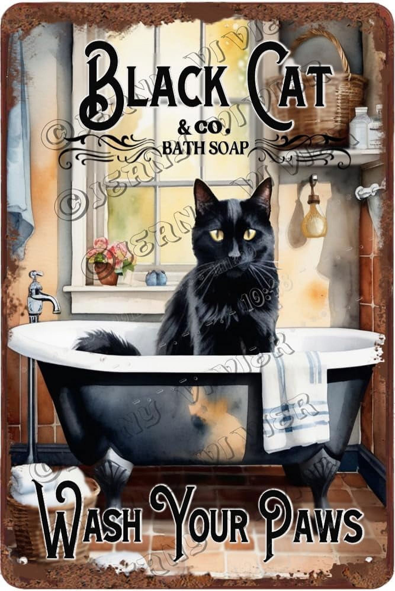 Black Cat Decor Wash Your Paws Retro Aluminum Sign 12x8 IN Metal Tin ...