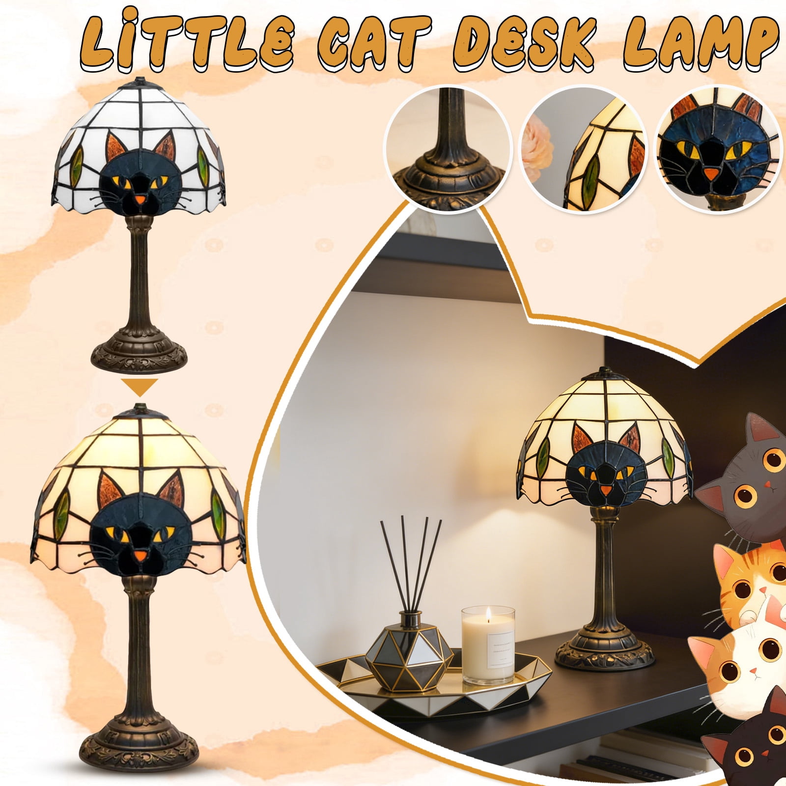 Black Cat Desk Lamp - Tiffany Style Stained Glass Black Cat Table Lamp with Bronze Base, Cute Cat Head Night Light for Bedroom Living Room Office, Vintage Animal Home Decor Lighting