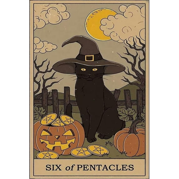 Black Cat Diamond Art Painting Kits for Adults 5D Six Of Pentacles Black Cat Tarot Card Diamond Paintings Beginners Paint DIY Gem Diamond Art for Adults for Home Wall Decor 16X16 Inch