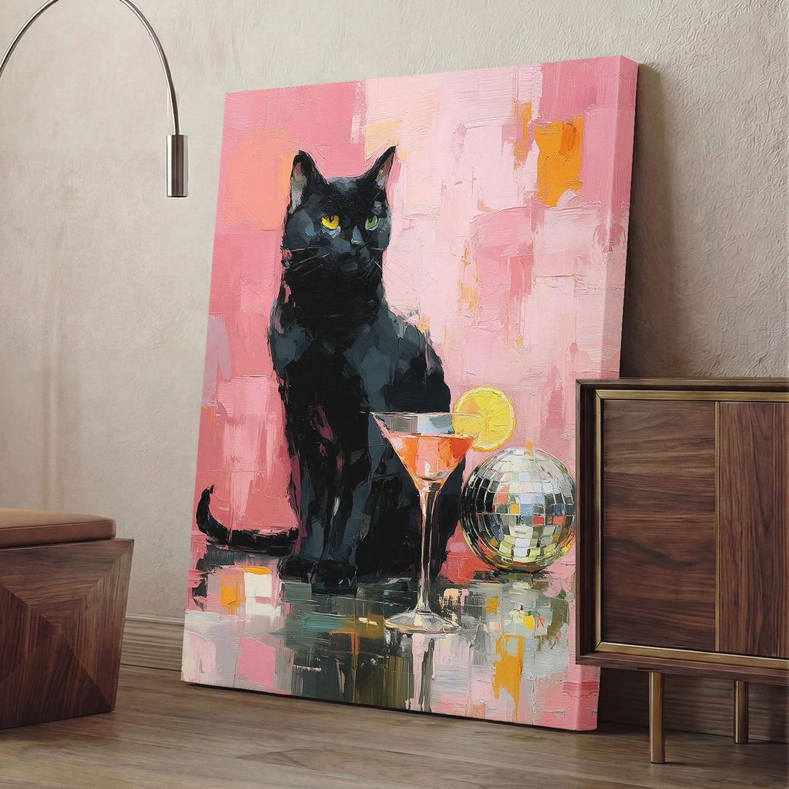 Black Cat Disco Ball Print Preppy Pink Wall Art Funky Cocktail Bar ...