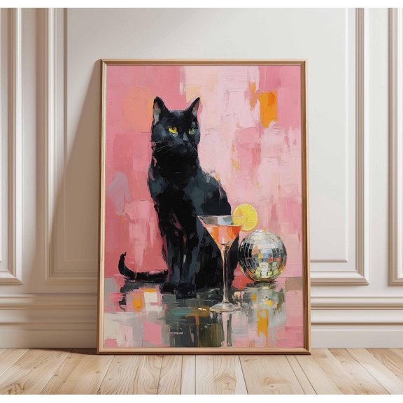 Black Cat Disco Cocktail Cat Poster Funky Party Art Pink Bar Decor, Unframed Poster