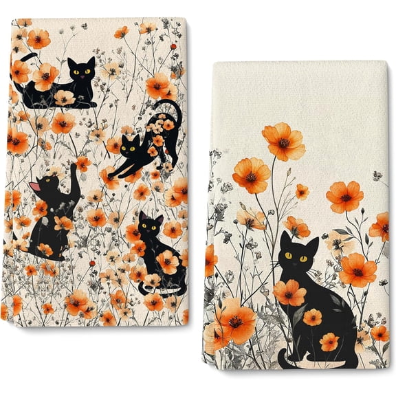 Black Cat Dish Towels,Orange Floral Kitchen Towels Decorative Set of 2,Cute Soft Absorbent Reusable Tea Towel & Hand Towel,Black Cats Kitchen Deccor,Cat Lover Gifts for Woemen