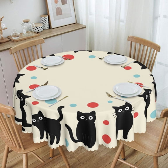 Black Cat Dotted Garland Round Tablecloth Waterproof Oil Proof Spill Proof Table Cloth 70" for Camping, Dining, Indoor and Outdoor Table Cover
