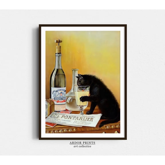 Black Cat Drinking Absinthe Poster – Retro Bar Cart Funny Wall Art 16x24 UNFRAMDE
