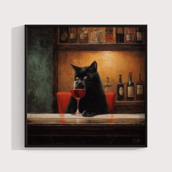 Black Cat Drinking Wine Art Print Poster – Ironic Retro Bar Wall Decor 8x12 UNFRAMDE