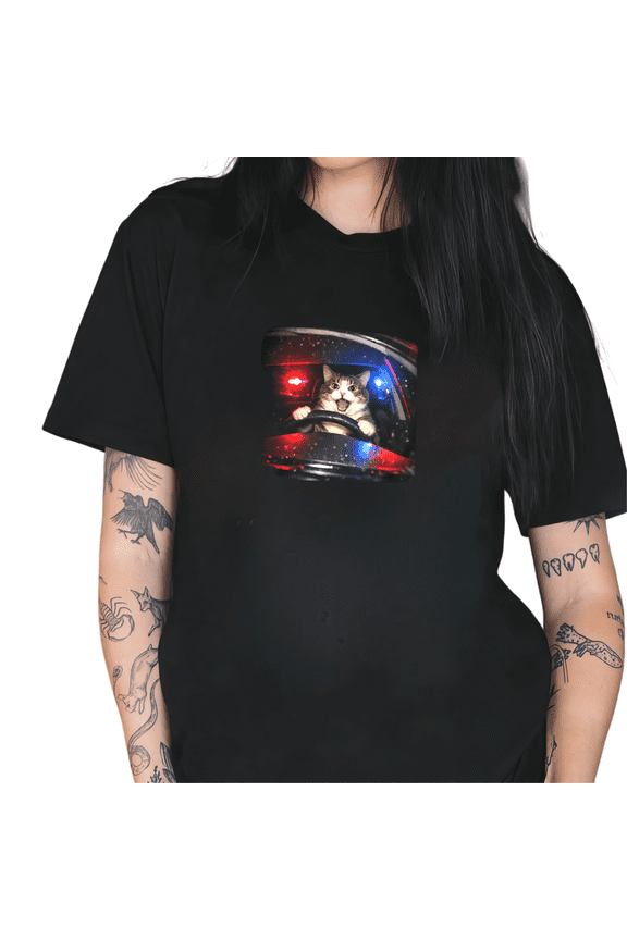 Black Cat Driving Police Car Funny Meme Graphic Tees Print Tshirt Shirts Humorous Cat Lover Tops S-5XL