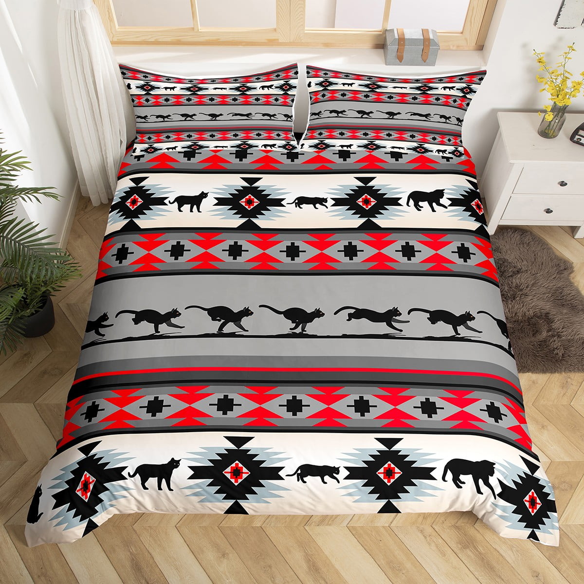 African Tribal Duvet Cover Set Queen - Red & Black Abstract Bedding, 3 Piece (Duvet Cover + 2 Pillowcases) - View #8