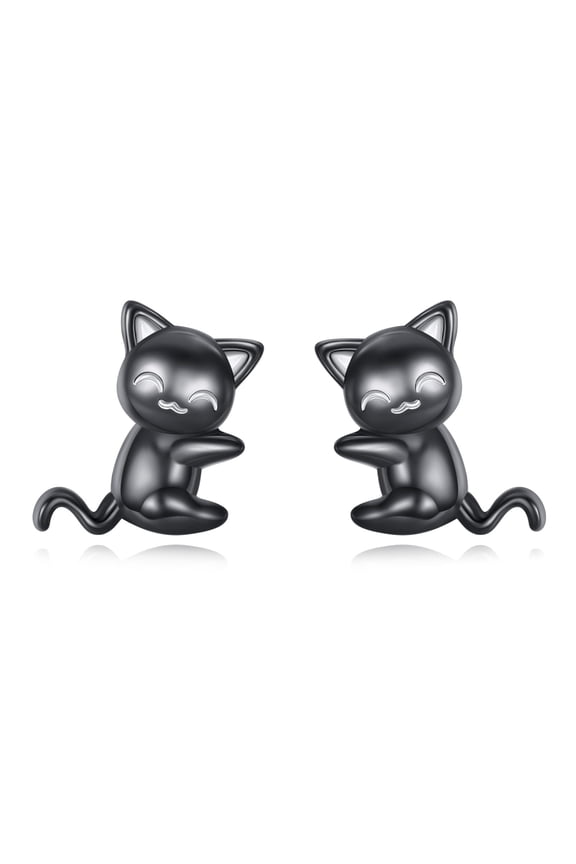 Black Cat Earrings 925 Sterling Silver Cute Cat Stud Earrings with Cat Motif Jewelry Gifts for Women Teenagers