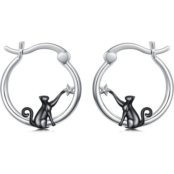 Black Cat Earrings 925 Sterling Silver Gothic Black Cat Hoop Earrings Gothic Halloween Jewelry Gifts for Women Mom Her