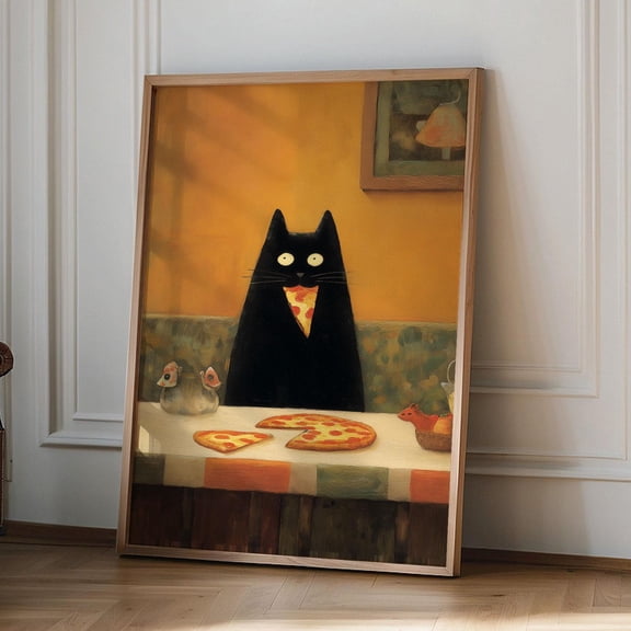 Black Cat Eating Pizza print Whimsical Funny Wall Art Print Kitchen wall decor Funny Cat p