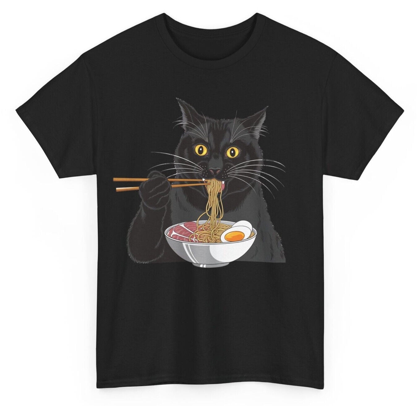 Black Cat Eating Ramen Funny Tshirt Humorous Kawaii Japanese Noodles