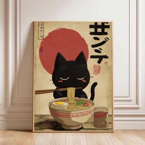 Black Cat Eating Ramen Wall Art, Japanese Food, Cute Anime Kitchen Decor, Kawaii Cat Print, Instant Art #539, Unframed Poster Size 8x12