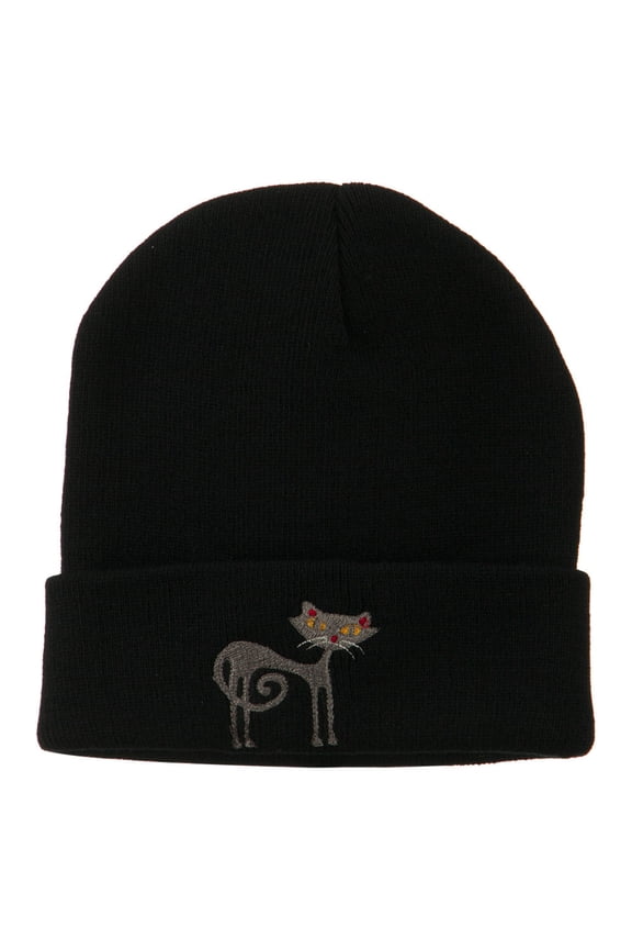 Black Cat Embroidered Long Beanie - Black OSFM