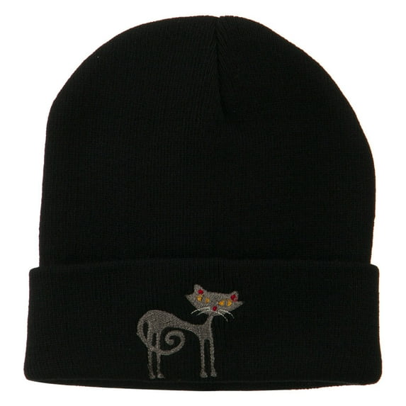Black Cat Embroidered Long Beanie - Black OSFM
