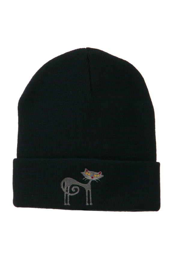 Black Cat Embroidered Long Beanie - Navy OSFM