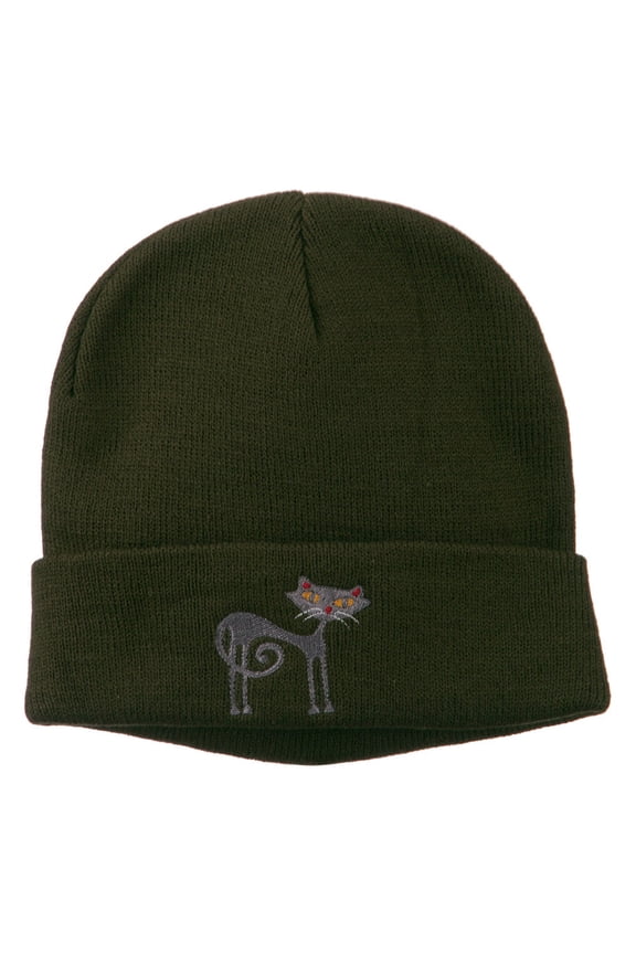 Black Cat Embroidered Long Beanie - Olive OSFM