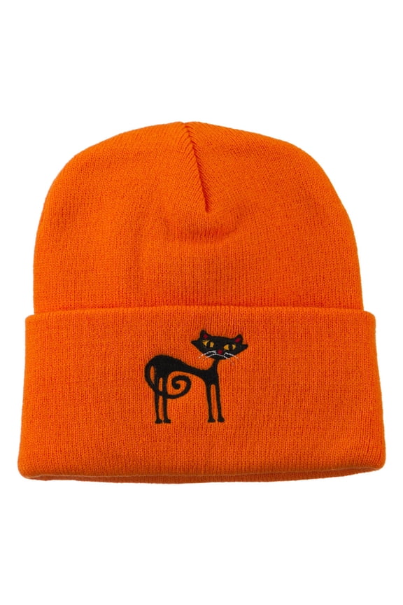 Black Cat Embroidered Long Beanie - Orange OSFM