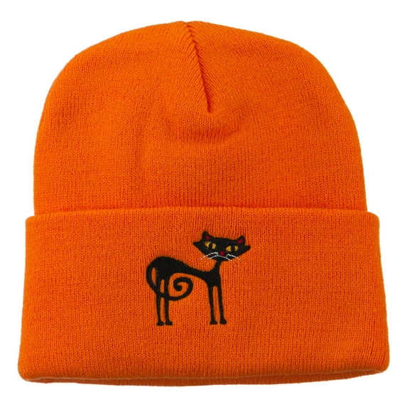 Black Cat Embroidered Long Beanie - Orange OSFM