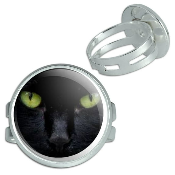 Black Cat Eyes - Halloween Silver Plated Adjustable Novelty Ring