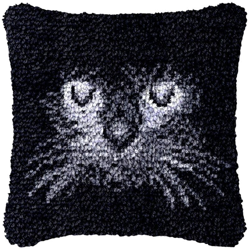 Black Cat Face Latch Hook Pillow Cover Kits for Needlework Cushion Throw Pillow Cross Stitch Crochet Hook Pillowcase Rug Kits Printed Canvas Crochet Yarn Kits Needlework 17'' X 17''