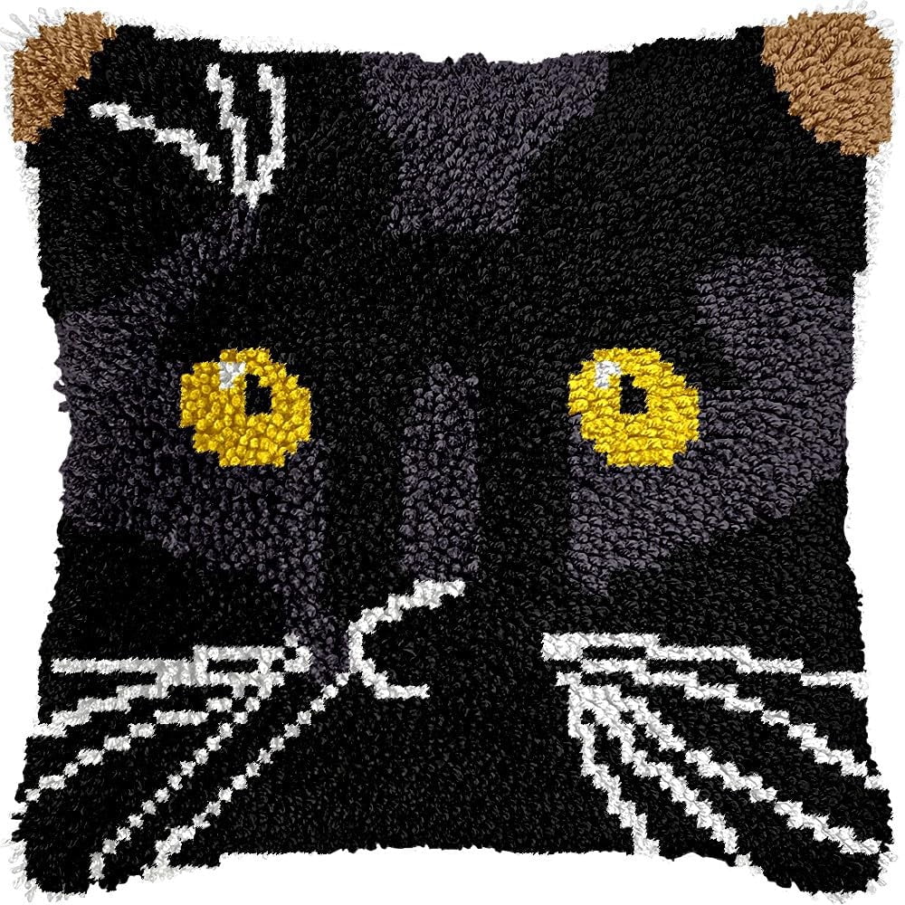 Black Cat Face Latch Hook Pillow Kits Pillow Cover Latch Hook Crafts Crochet Knitted Hooking Pillowcase Cushion Crafts Embroidery Latch Hooking Kits Material Set 17x17 inch(176)