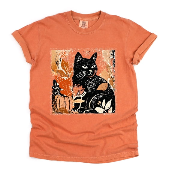 Black Cat Fall Leaves Distressed - Women's Garment Dyed Graphic T-Shirt