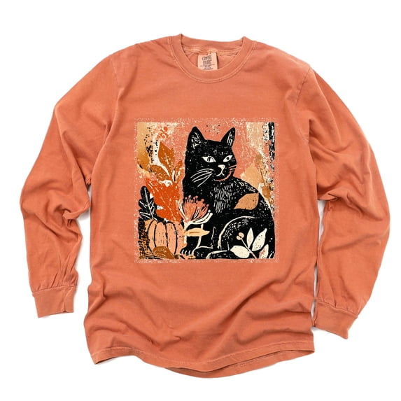 Black Cat Fall Leaves Distressed - Women's Garment Dyed Long Sleeve Graphic T-Shirt